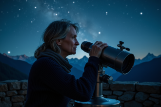 Astronome femme regardant à travers un télescope en montagne