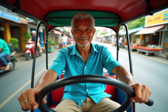 Conducteur de tuk tuk souriant à Bangkok avec rue animée