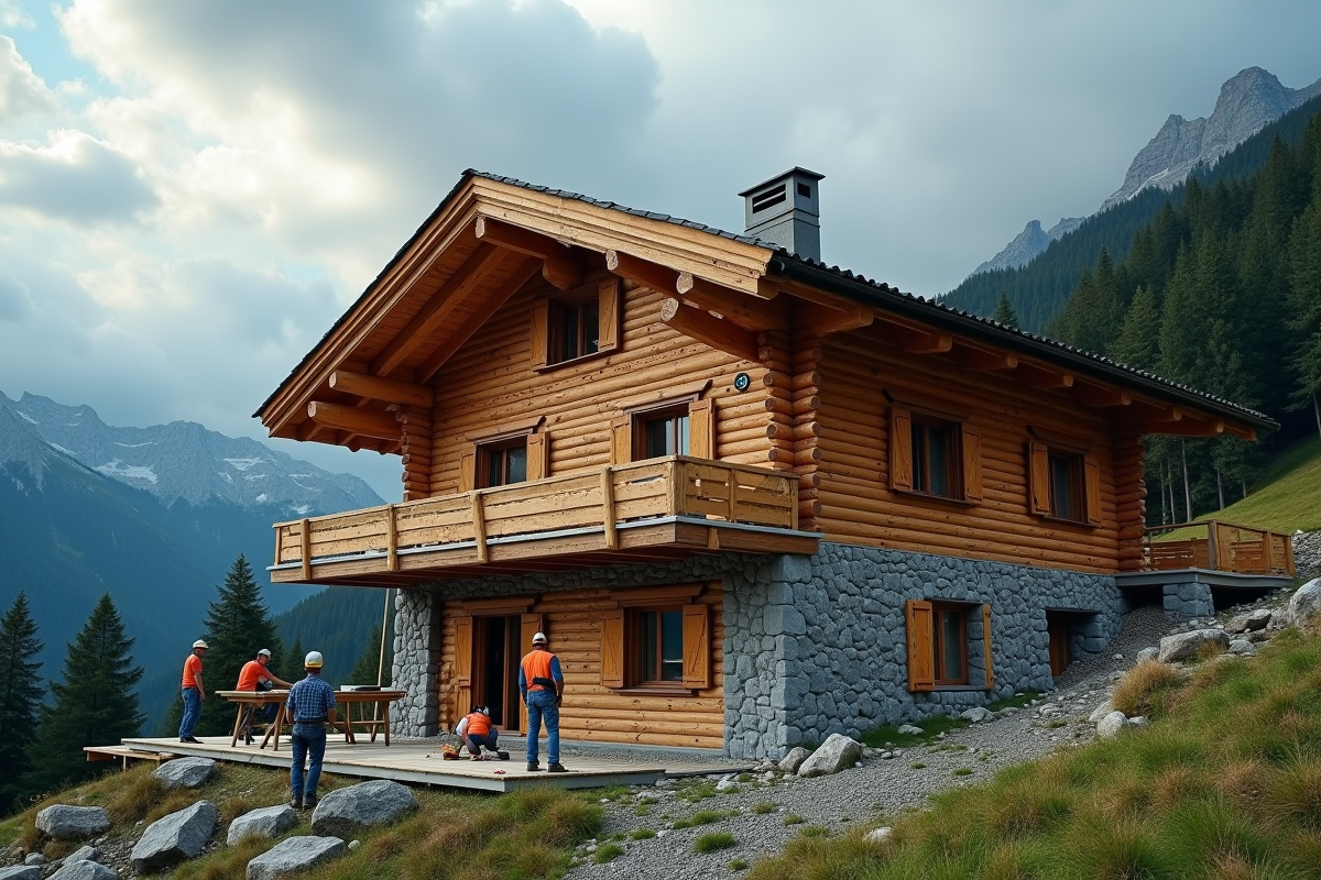 Artisans construisant une maison en bois dans les Alpes