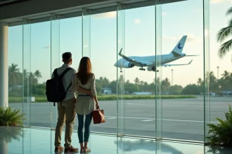 Couple souriant près de l'aéroport avec vue sur Bora Bora