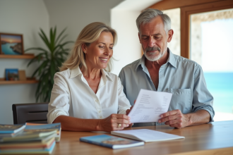 Couple relaxe examine facture d hotel en Grece