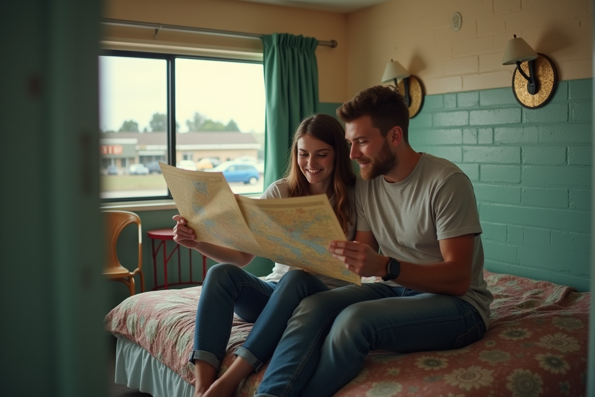 Jeune couple dans une chambre de motel regardant une carte
