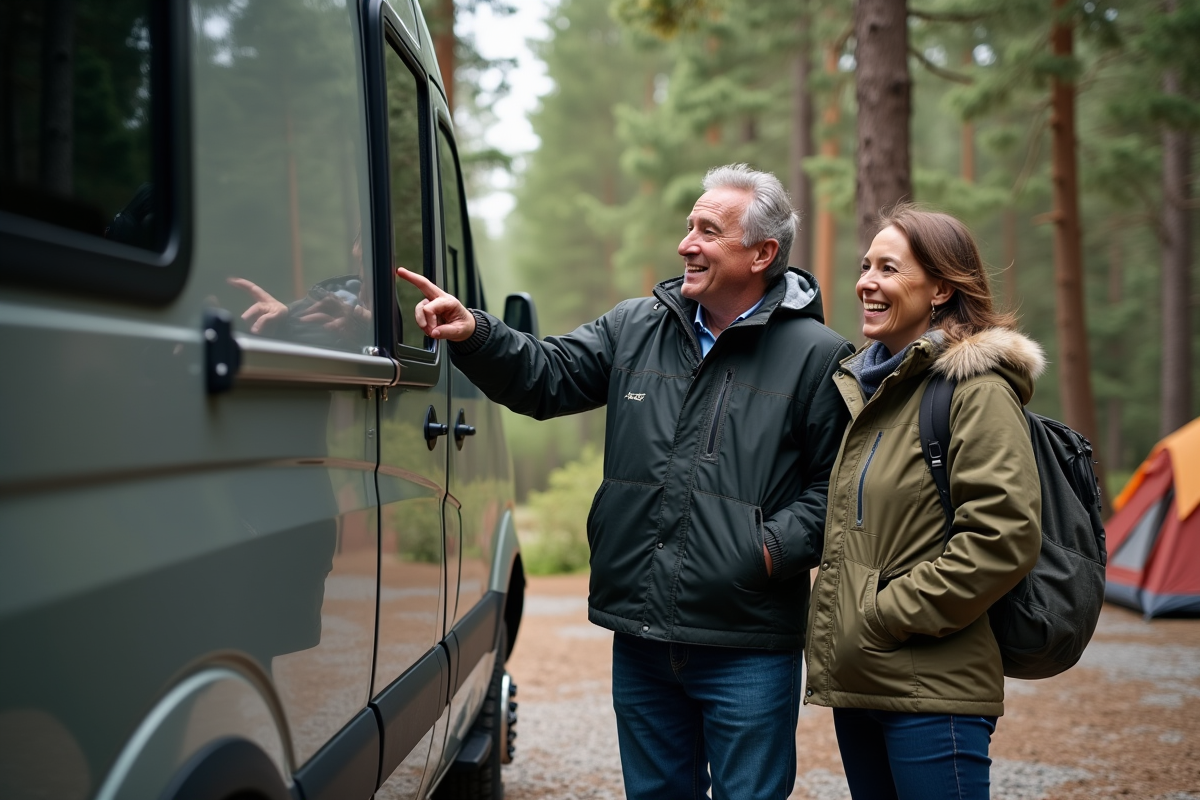 Couple examinant un van robuste en forêt lors d’un camping