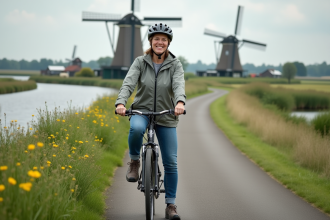 Femme à vélo dans la campagne néerlandaise avec moulins et fleurs