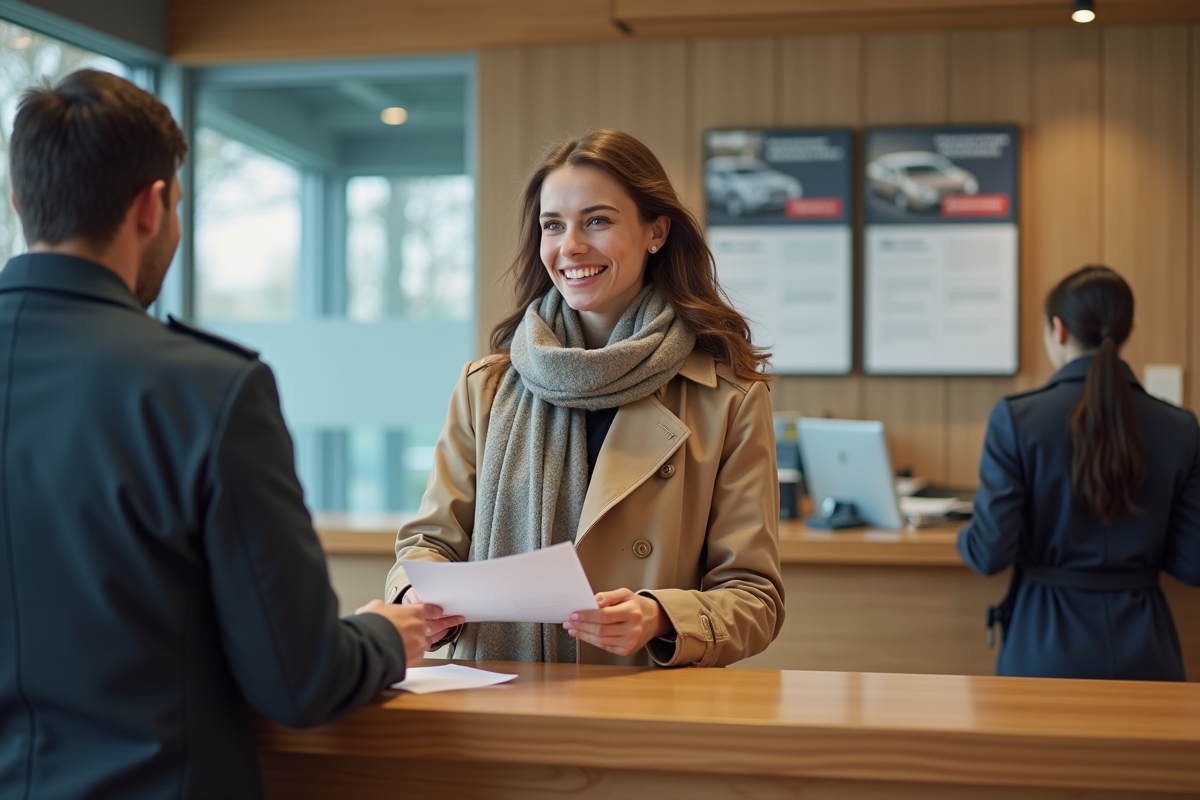 Jeune femme souriante au guichet de prefecture pour permis