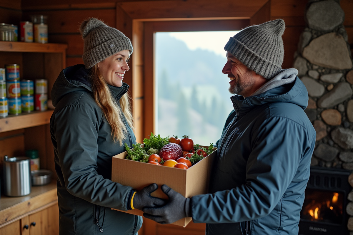 Femme remettant des aliments au gardien dans refuge de montagne