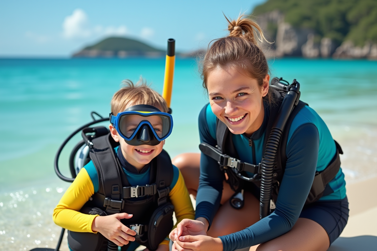 Enfant souriant avec instructeur en plongée tropicale