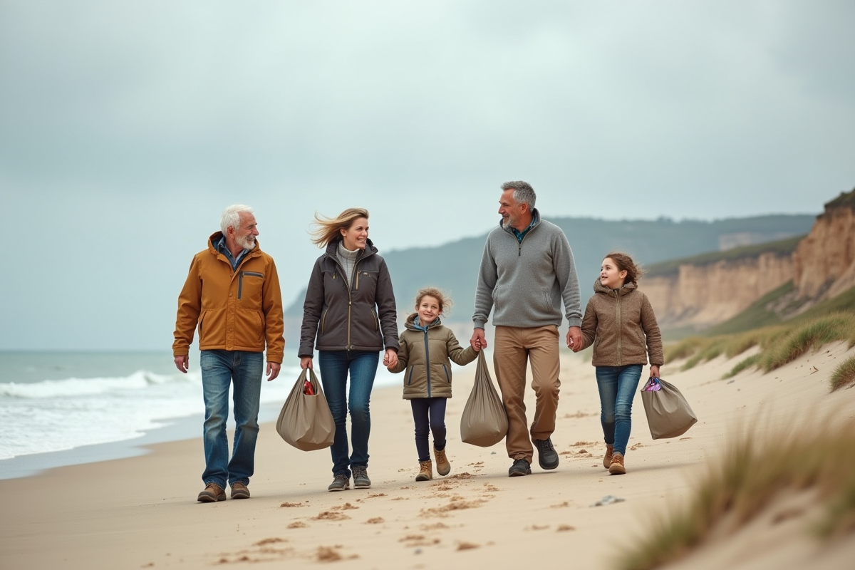 Famille ramassant des déchets sur la plage en famille