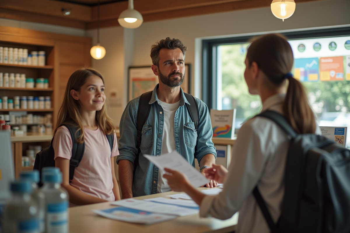 Famille en pharmacie parlant avec le pharmacien sur les vaccins