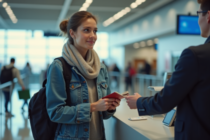 Jeune femme à l'aéroport remet son passeport