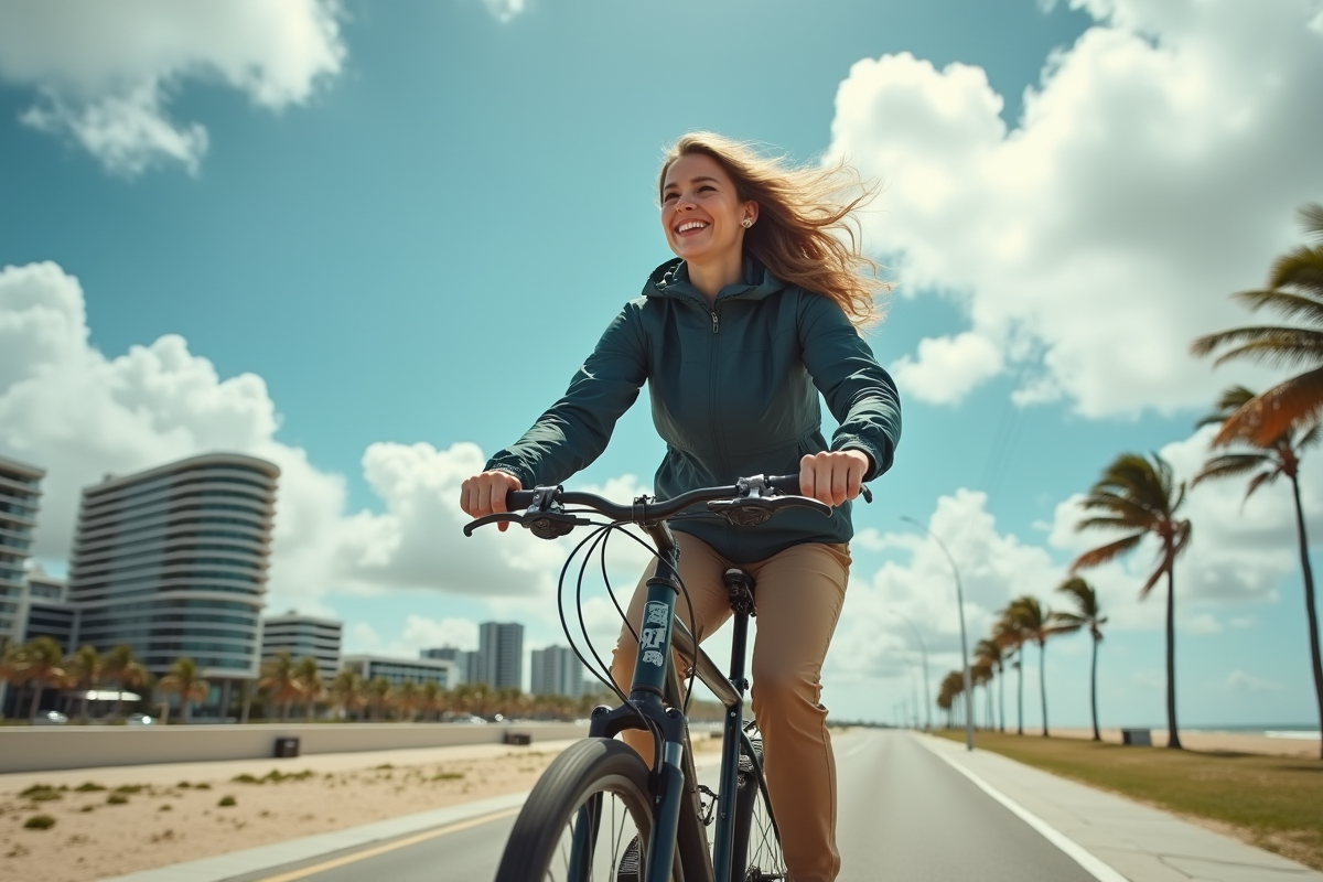 Jeune femme cyclant face au vent sur une promenade en bord de mer