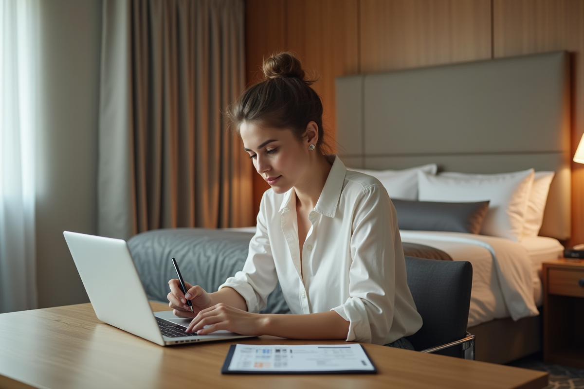 Jeune femme en tenue d'affaires calcule le coût d'une chambre d'hôtel