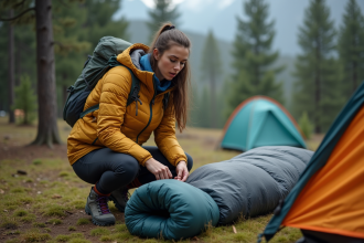 Jeune femme vérifiant son équipement de camping en forêt