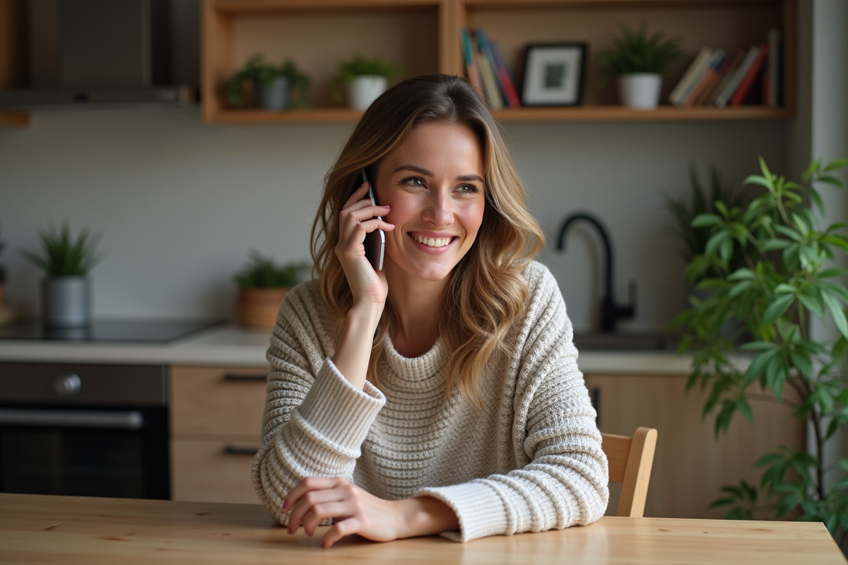 Femme souriante en sweater dans un appartement cosy