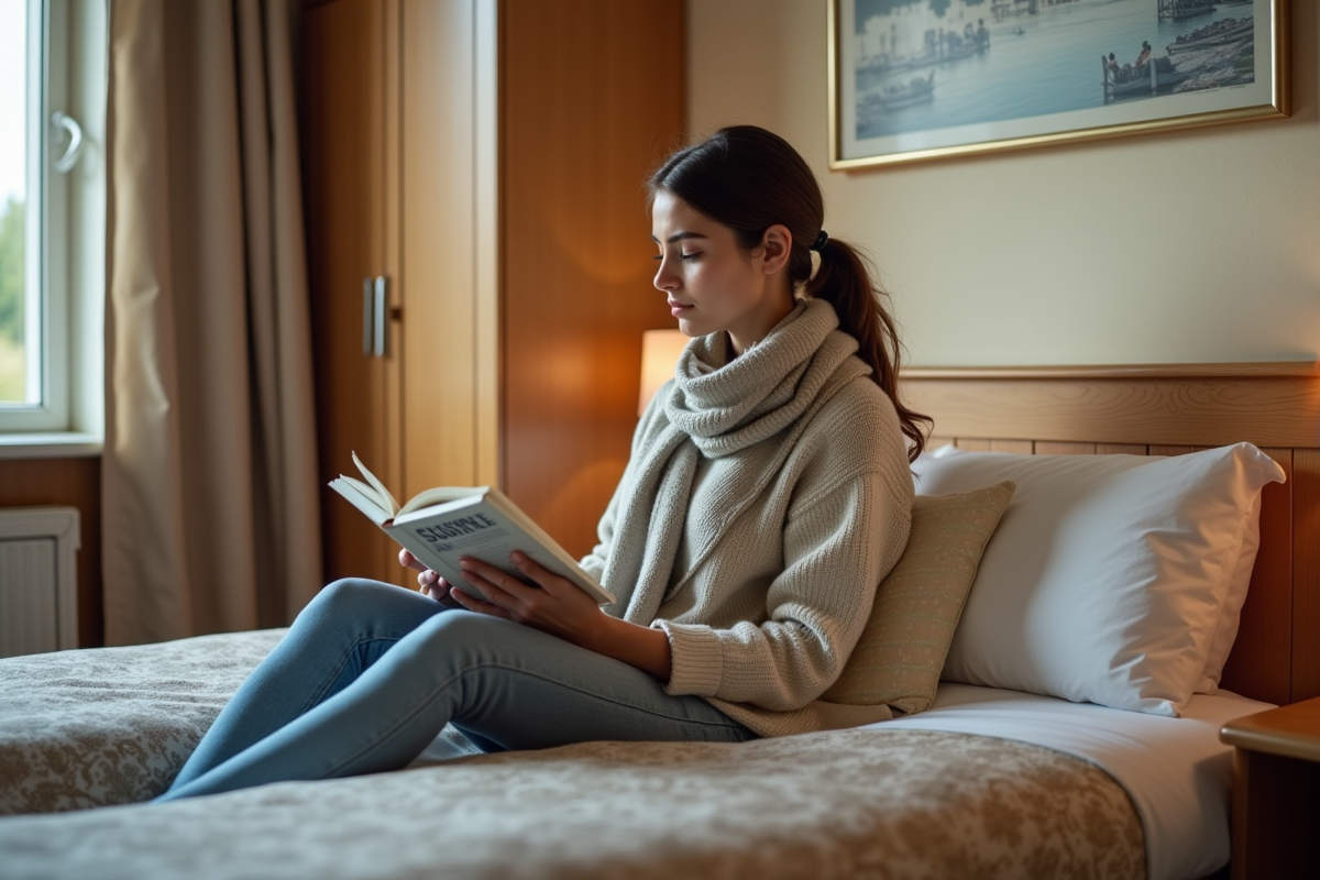 Jeune femme lisant un guide dans une chambre de motel