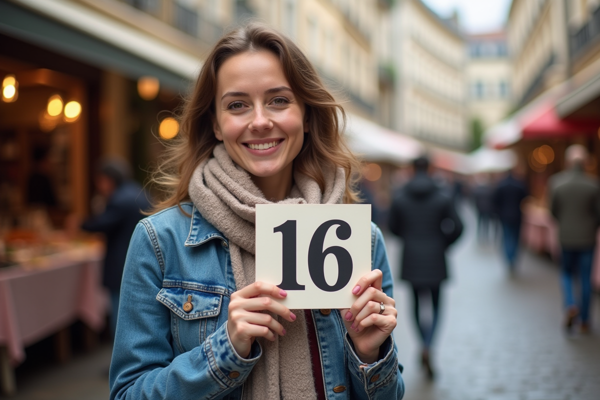 Femme souriante dans un marché en France avec une carte