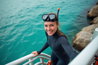 Femme en combinaison de plongée entrant dans l'eau turquoise