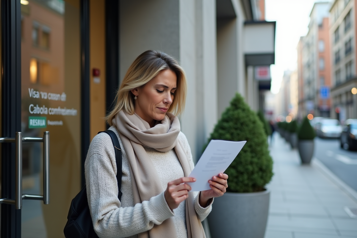 Femme regarde une lettre de refus de visa devant un consulat