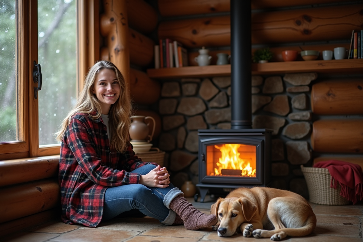 Jeune femme assise près de la cheminée dans une cabane rustique
