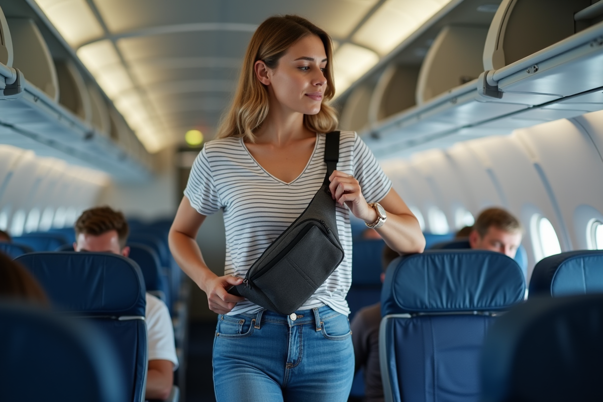 Femme plaçant un sac dans un compartiment d'avion