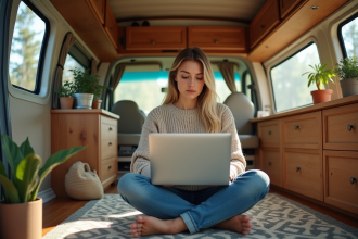 Jeune femme travaillant dans un van cosy avec vue forêt