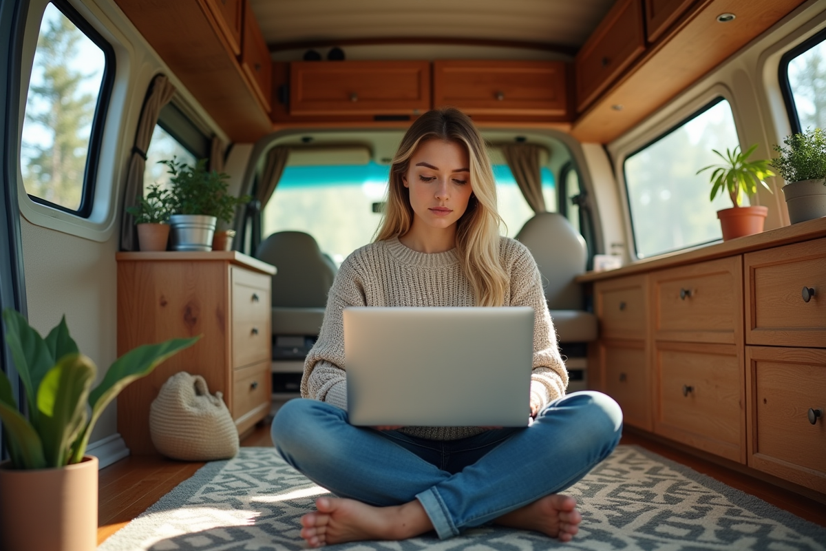 Jeune femme travaillant dans un van cosy avec vue forêt
