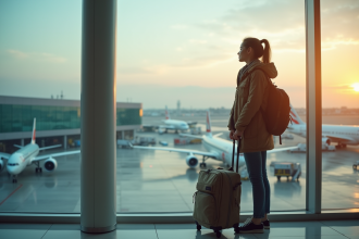 Jeune femme à l'aéroport avec passeport anticipation