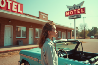 Femme voyageant à côté d'une voiture classique devant un motel vintage