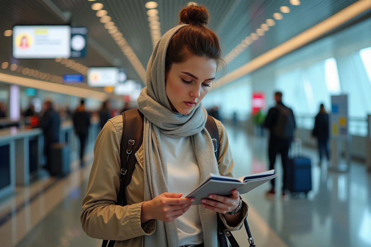 Jeune femme consulte son carnet de vaccination à l'aéroport