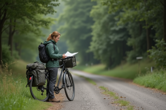 Jeune femme en randonnée avec vélo dans la nature