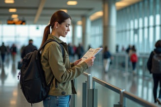 Femme voyageuse lisant brochure de securite a l'aéroport