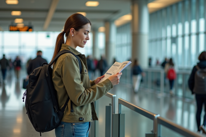 Femme voyageuse lisant brochure de securite a l'aéroport