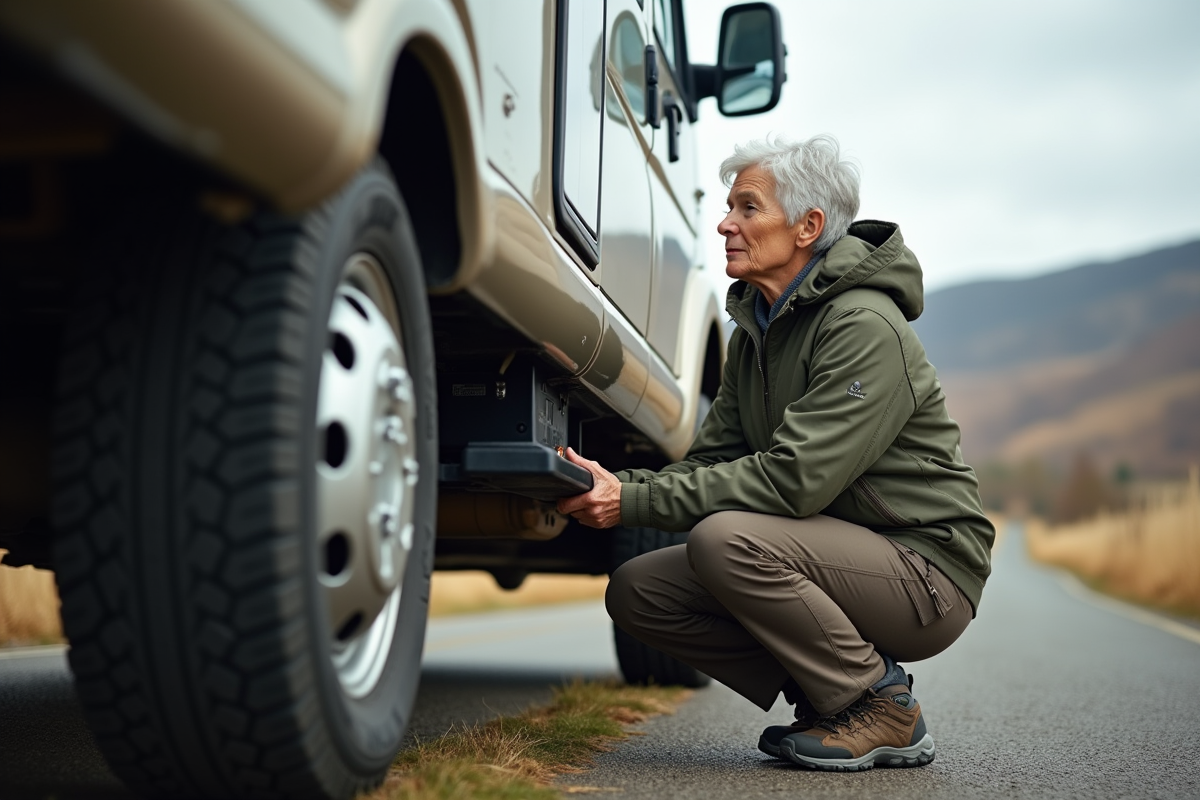 Femme inspectant le châssis d’un camping-car en zone rurale