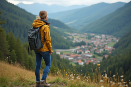 Femme regardant la vallée avec paysage naturel