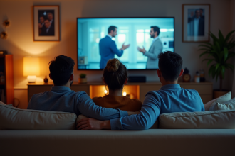 Groupe d'amis regardant un film dans un salon cosy