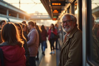 Groupe diversifié de personnes montant dans un train ensoleille avec affiche gratuite