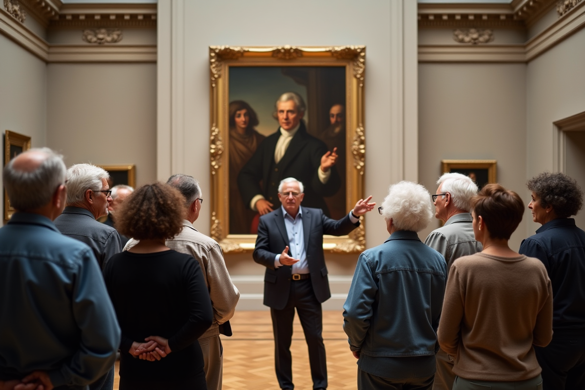 Guide expliquant une peinture a un groupe de visiteurs