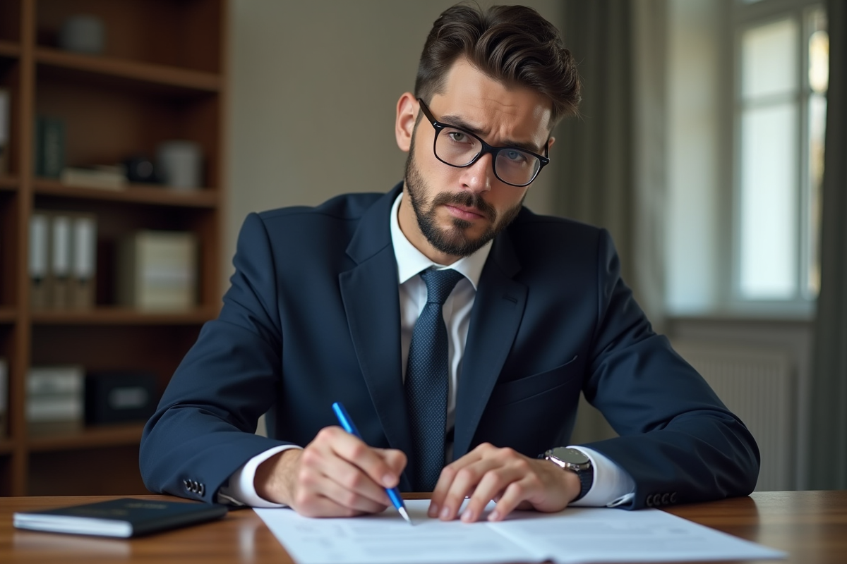 Jeune homme en costume examine des documents d'immigration