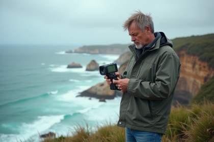 Homme australien regardant une station météo en haut d'un point de vue côtier