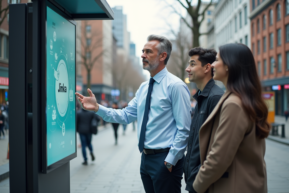 Homme marketing explique interface sur kiosque digital en ville