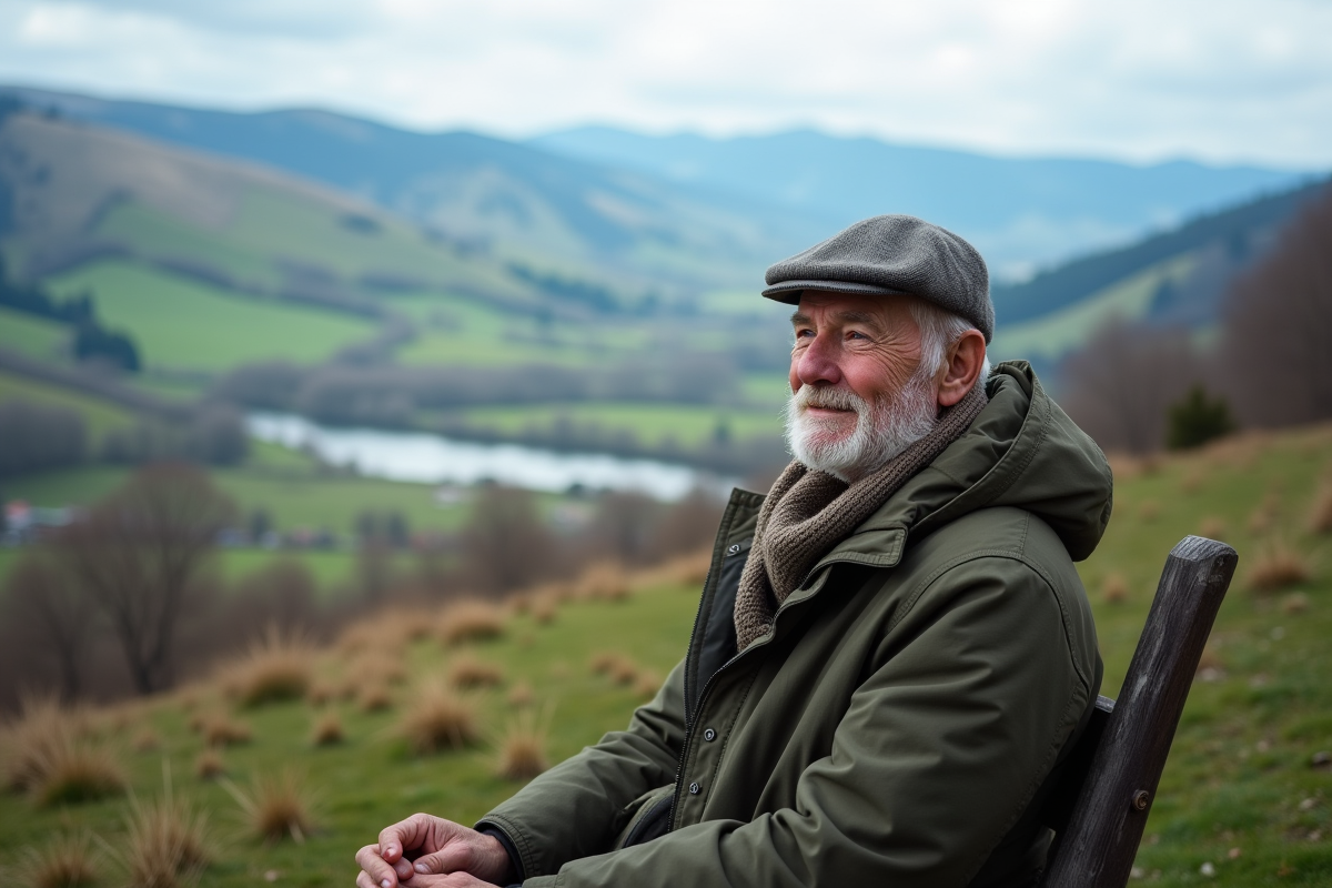 Homme âgé assis sur un banc avec vue sur collines et montagnes