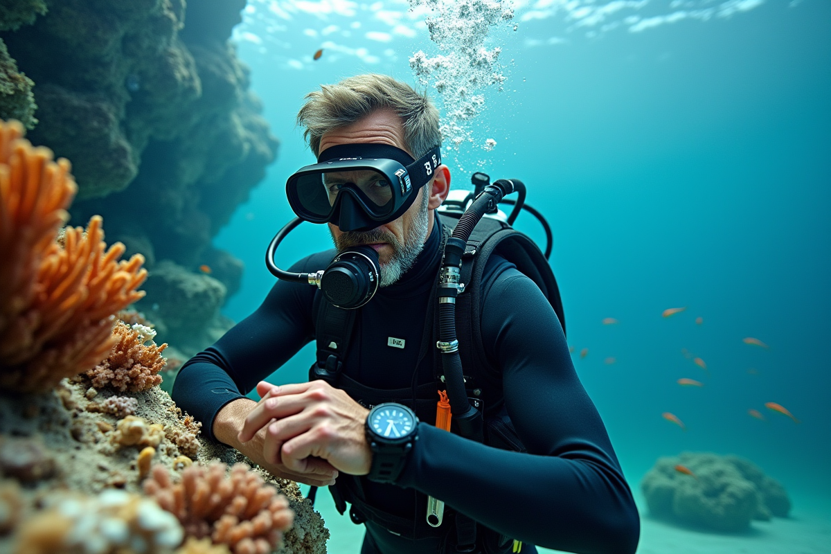 Homme en plongée vérifiant son équipement sous l