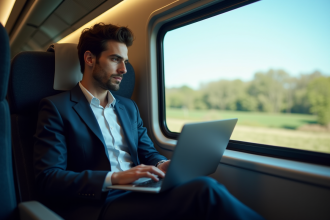 Jeune homme en costume dans un TGV regardant son ordinateur