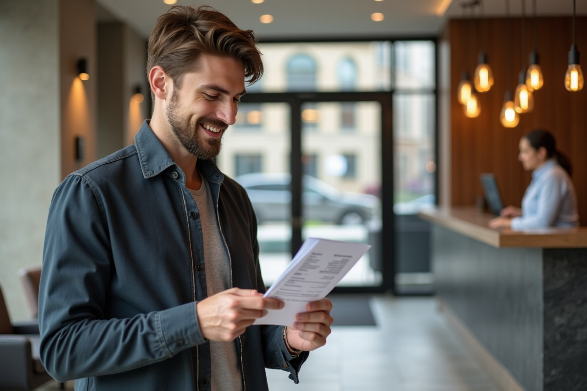 Jeune homme souriant vérifie une facture d