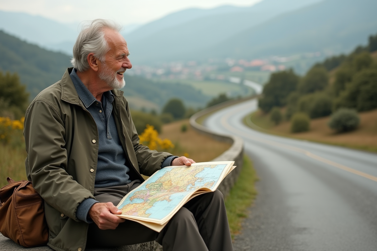 Homme âgé regardant la carte dans la campagne