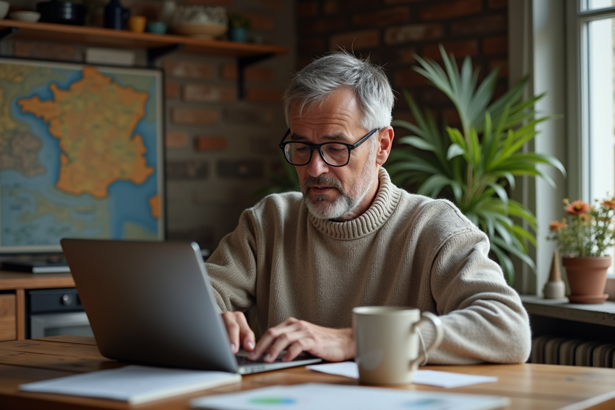 Homme concentré tapant un code postal sur son ordinateur