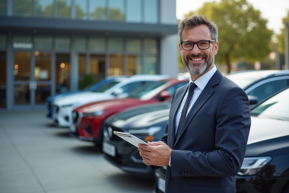 Homme en costume vérifiant des véhicules de location modernes