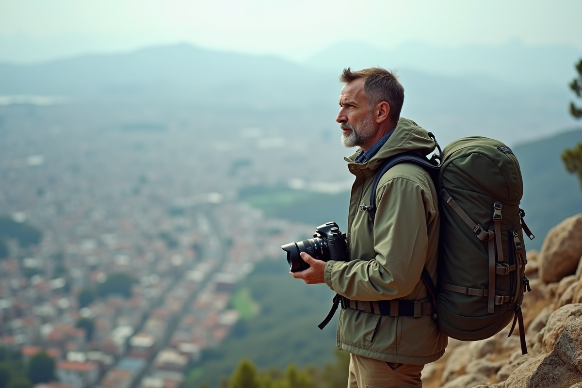 Homme en randonnée contemplant la ville depuis un hillside