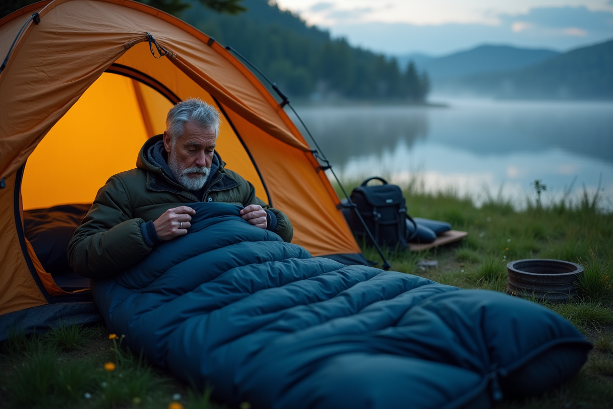 Homme âgé zippant son sac de couchage au bord du lac