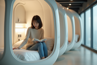 Jeune femme asiatique dans capsule hotel moderne